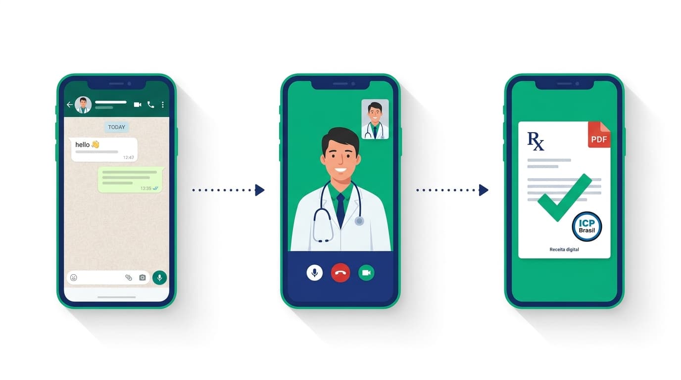 Fluxo de consulta online em três etapas no celular