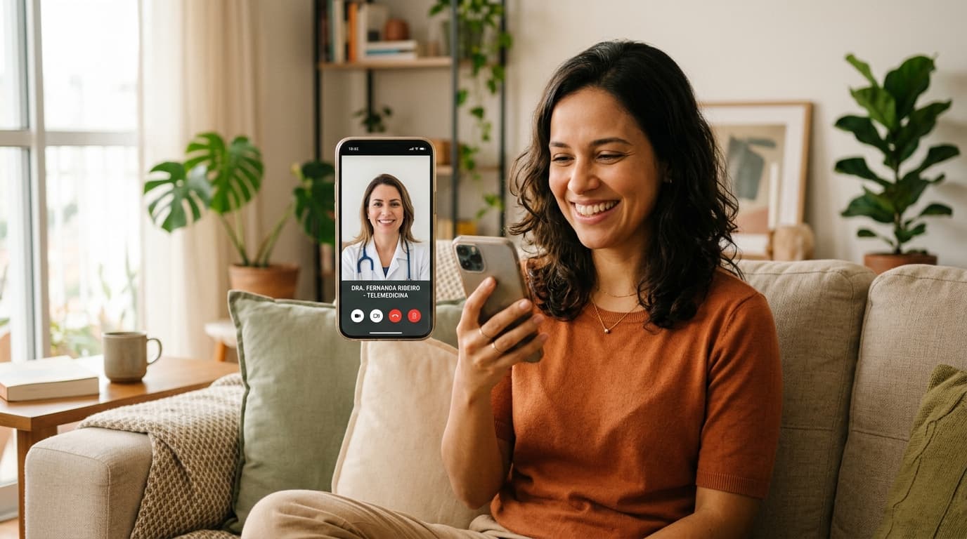 Paciente fazendo teleconsulta pelo celular com médica