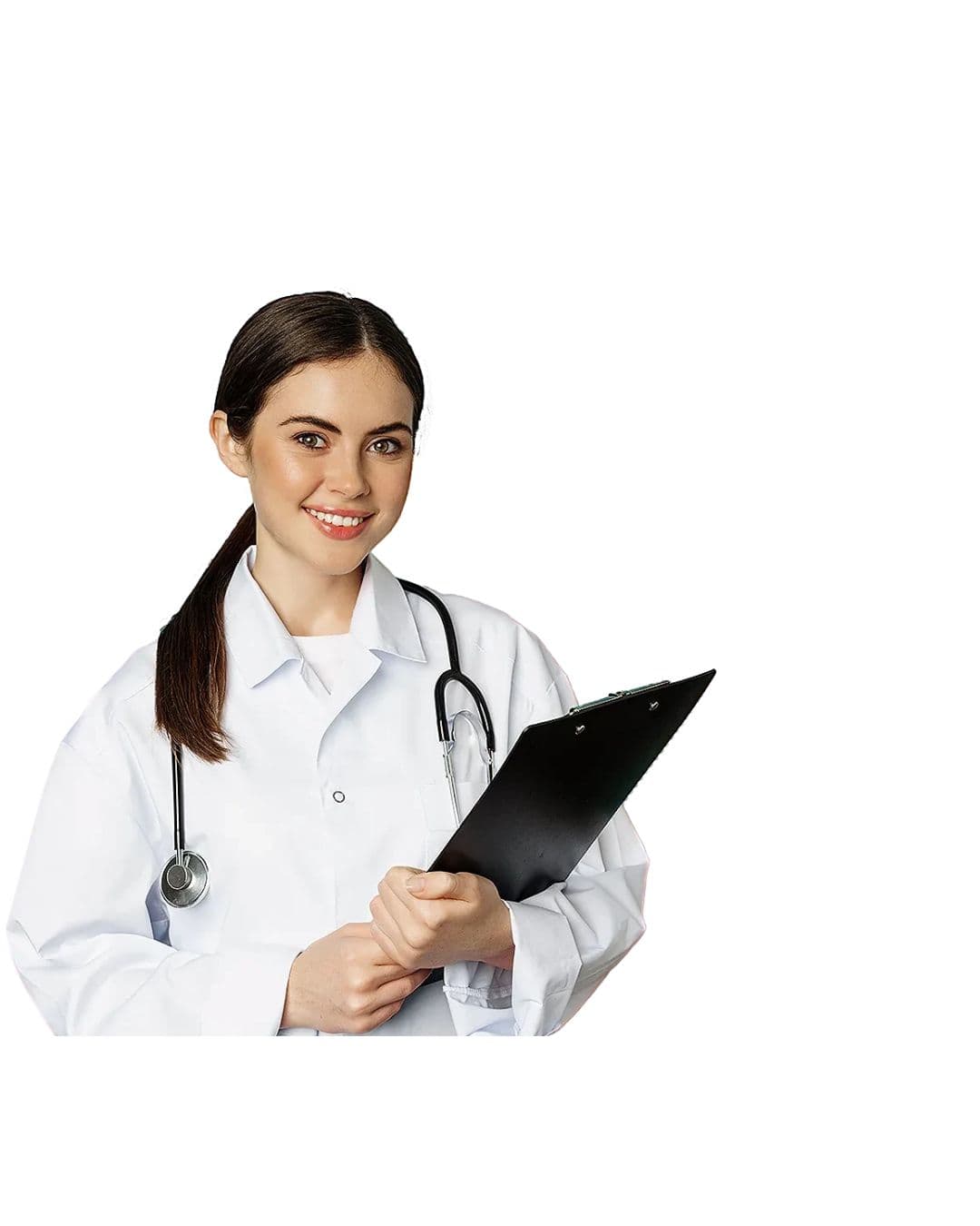 Médica com jaleco e prancheta